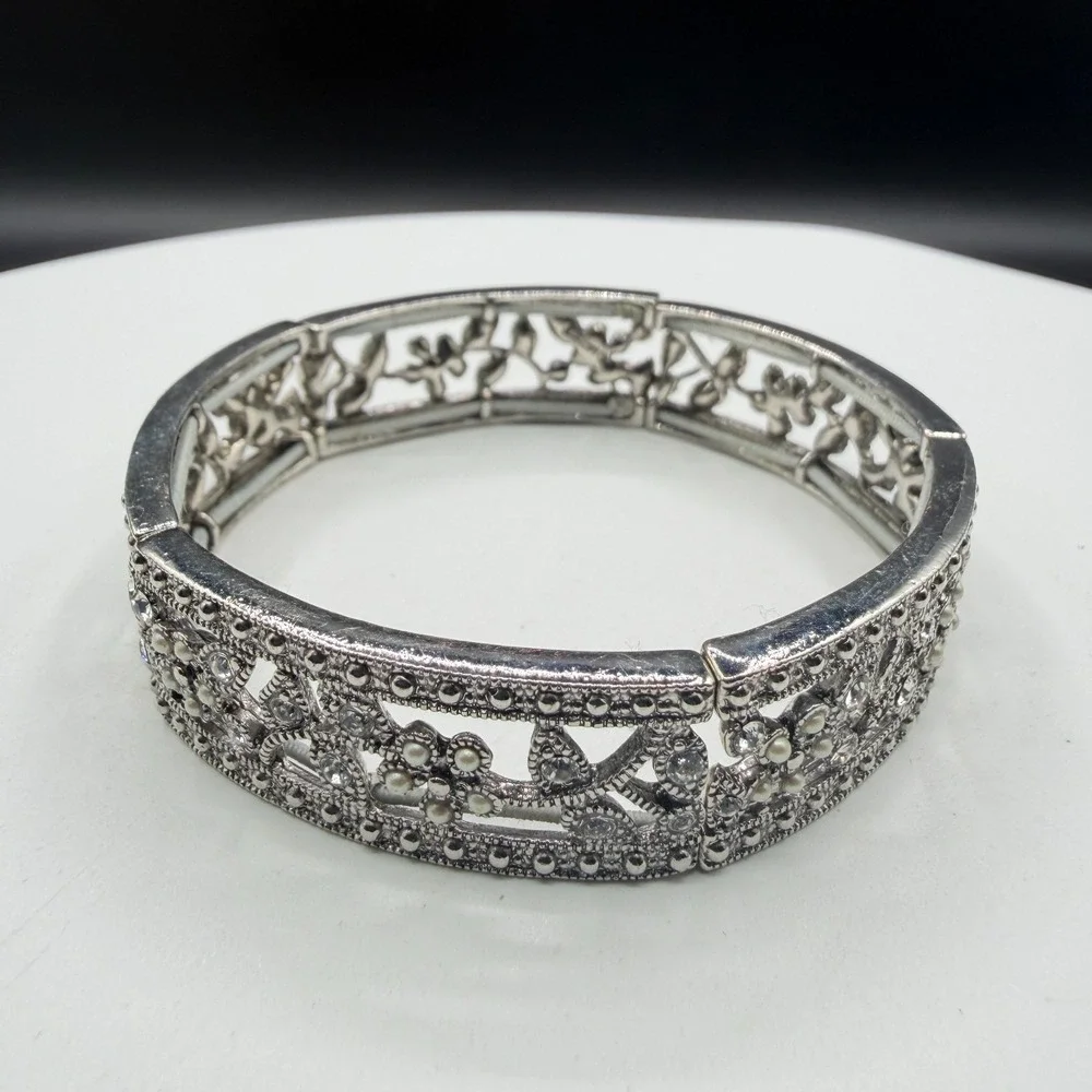 Silver Tone Floral Rhinestone Faux Pearl Filigree Wide Stretch Cuff Bracelet